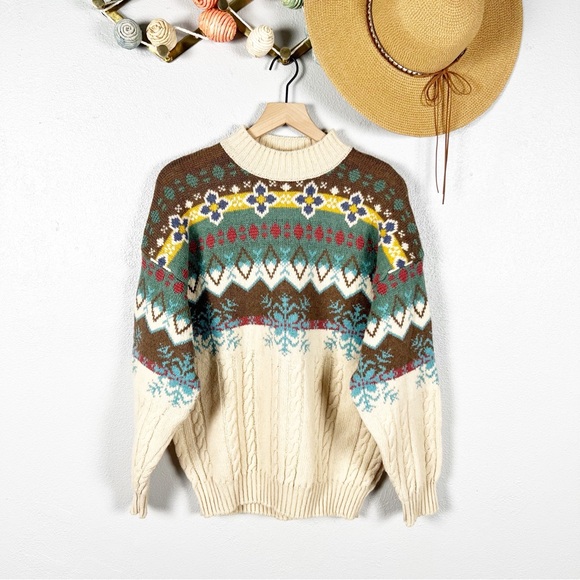 United Colors Of Benetton Sweaters - VTG United Colors Of Benetton Oversized Mock Neck Shetland Wool Ski Sweater